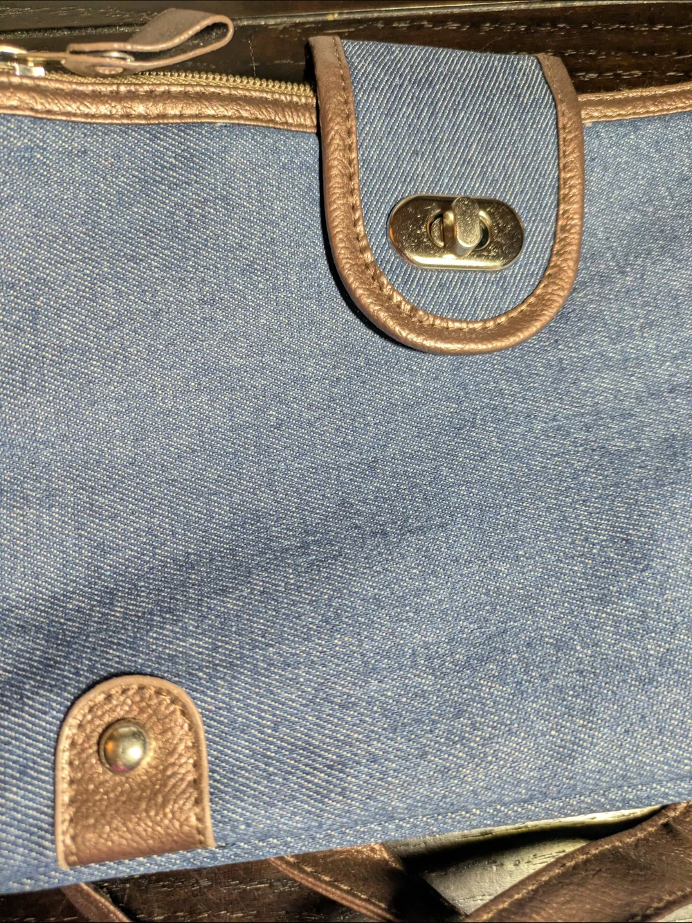 Gold Coast Denim Handbag Bag And Matching Watch - Blue with Brown Trim